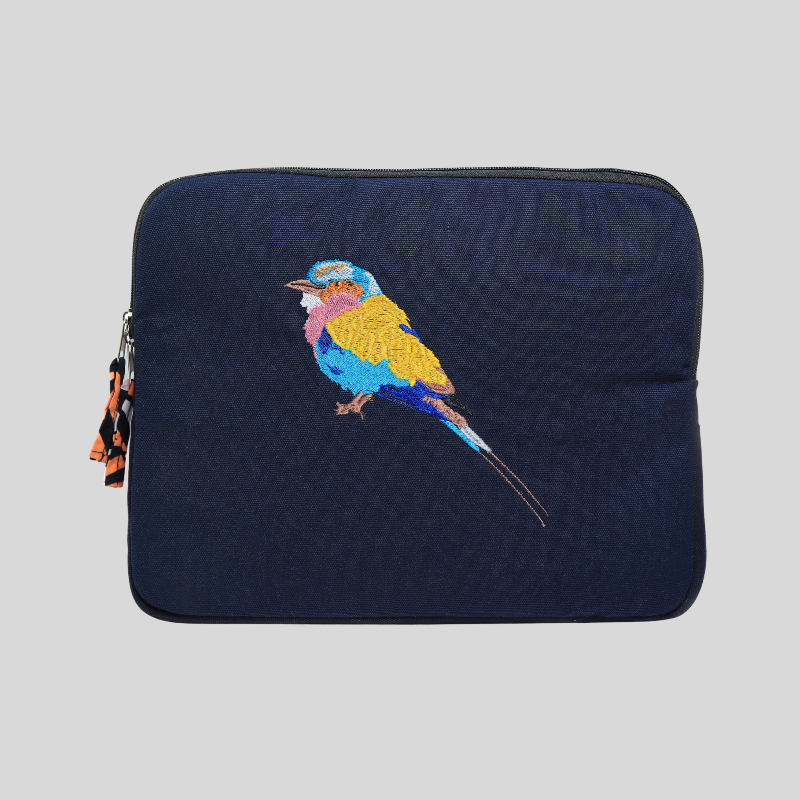 Lilac Breasted Roller laptop sleeve in earthy cotton canvas with stitched bird embroidery for 14-inch laptops — view 3