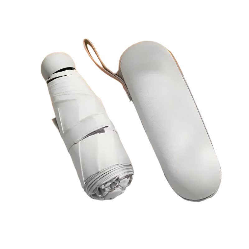 Cream white portable capsule umbrella with automatic open close button and windproof canopy.