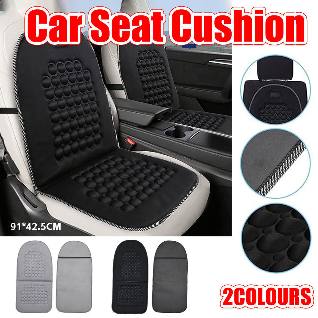 Ergonomic black vehicle seat cushion with raised magnet massage bumps and reinforced edging