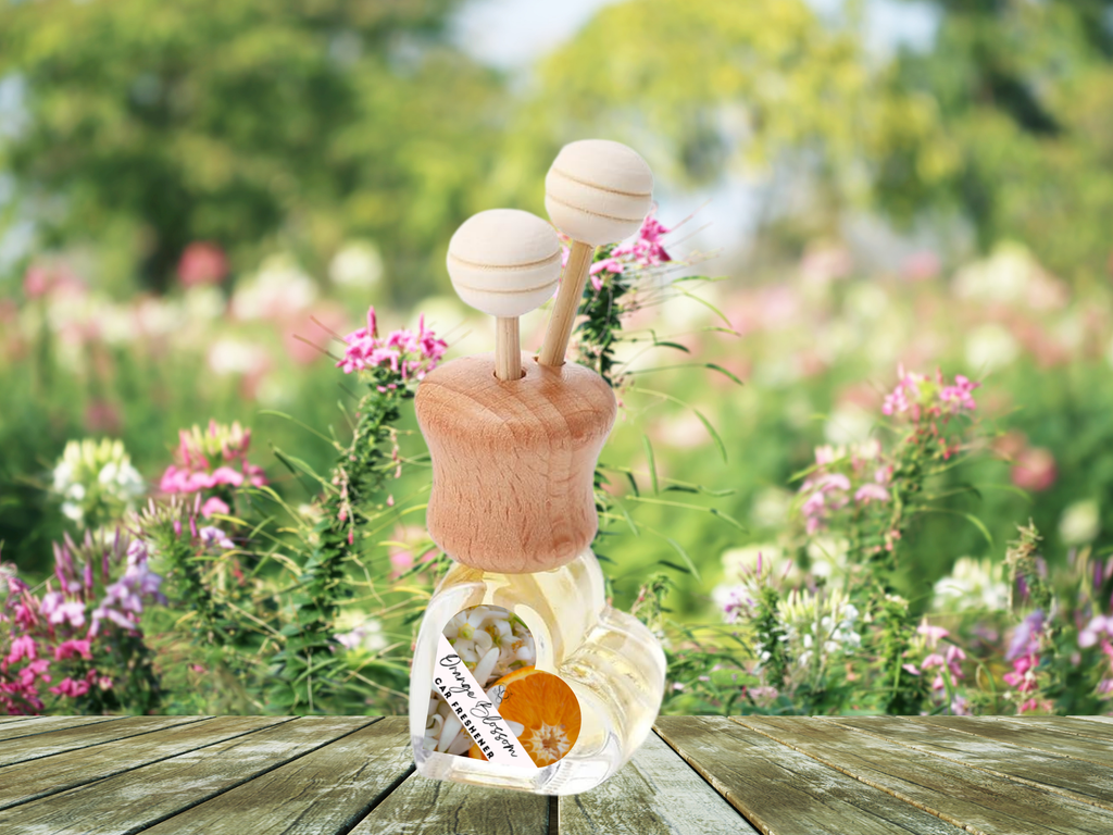 Nature and earth car diffuser in an elegant glass bottle with wooden cap and vent clip — view 3