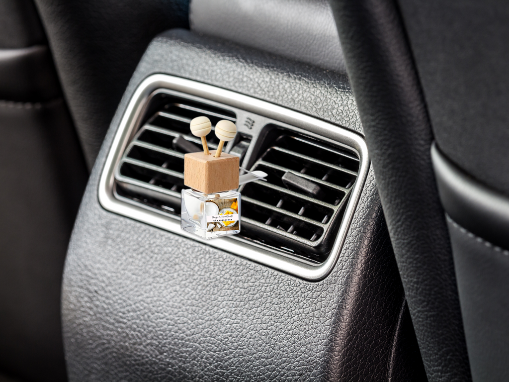 Tropical vent car diffuser glass bottle with wooden cap and sticks in a gift box — view 2