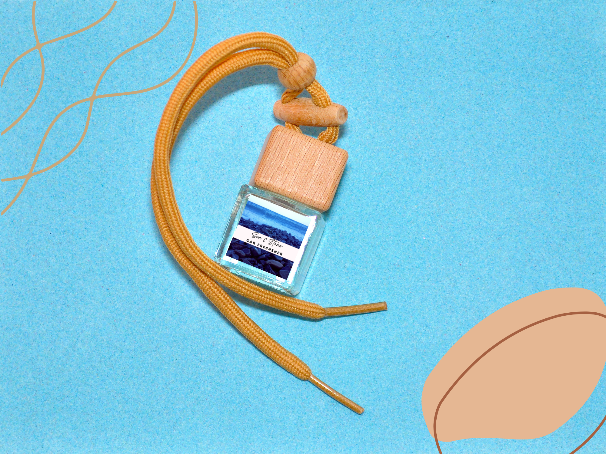 Masculine hanging car freshener glass bottle with wooden cap and hanging rope — view 2