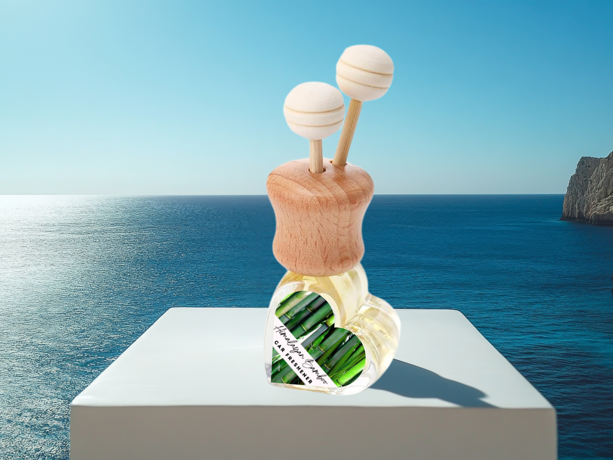 Nature and earth car diffuser in an elegant glass bottle with wooden cap and vent clip — view 2