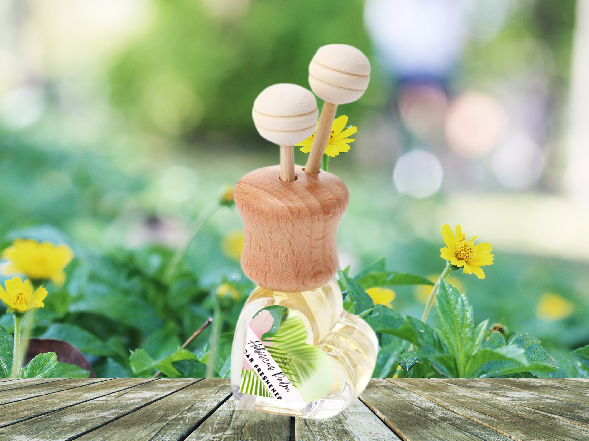Tropical vent car diffuser glass bottle with wooden cap and sticks in a gift box — view 3