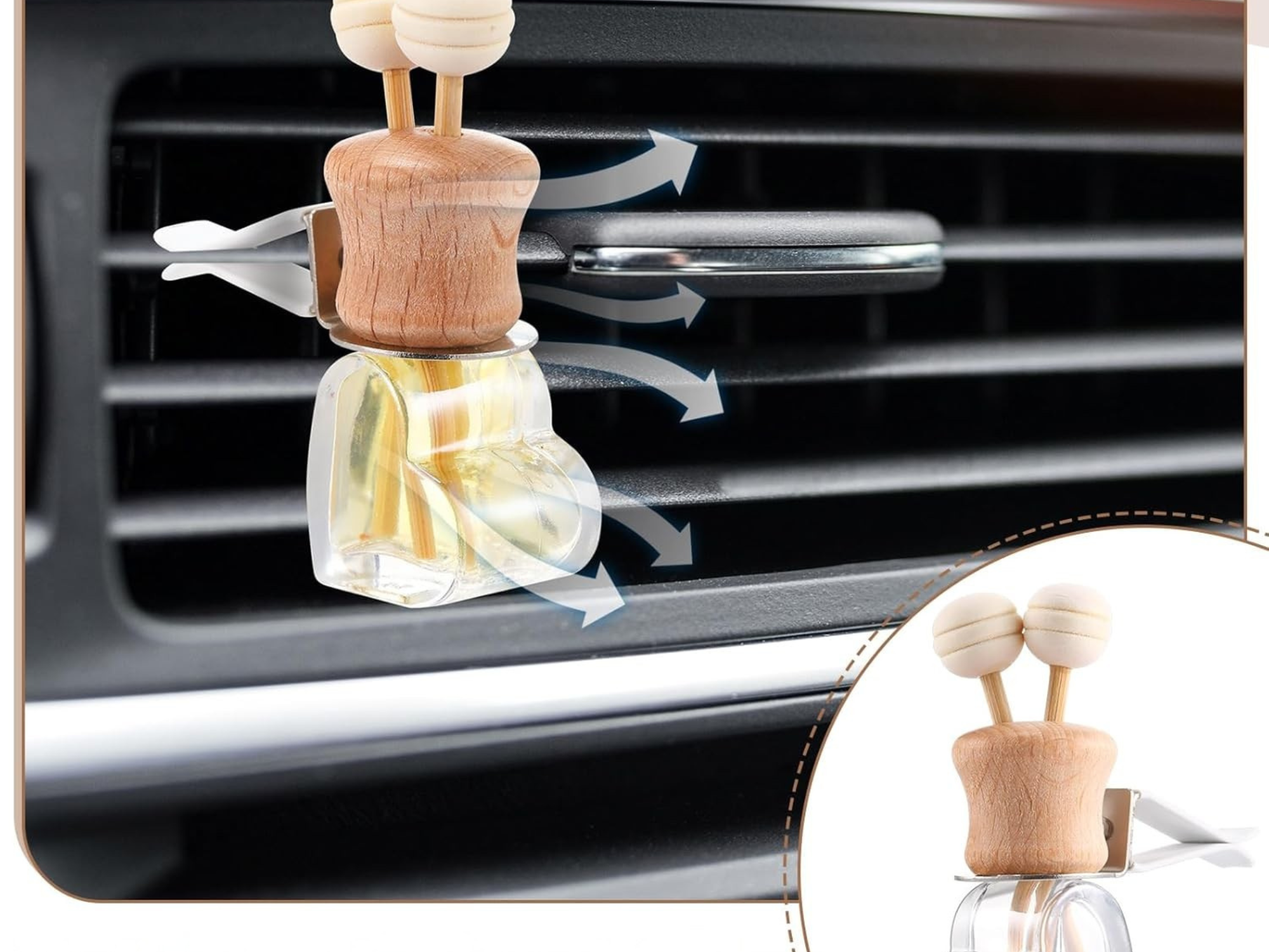 Warm and cozy car vent diffuser in compact glass bottle with wooden cap and fragrance sticks — view 4