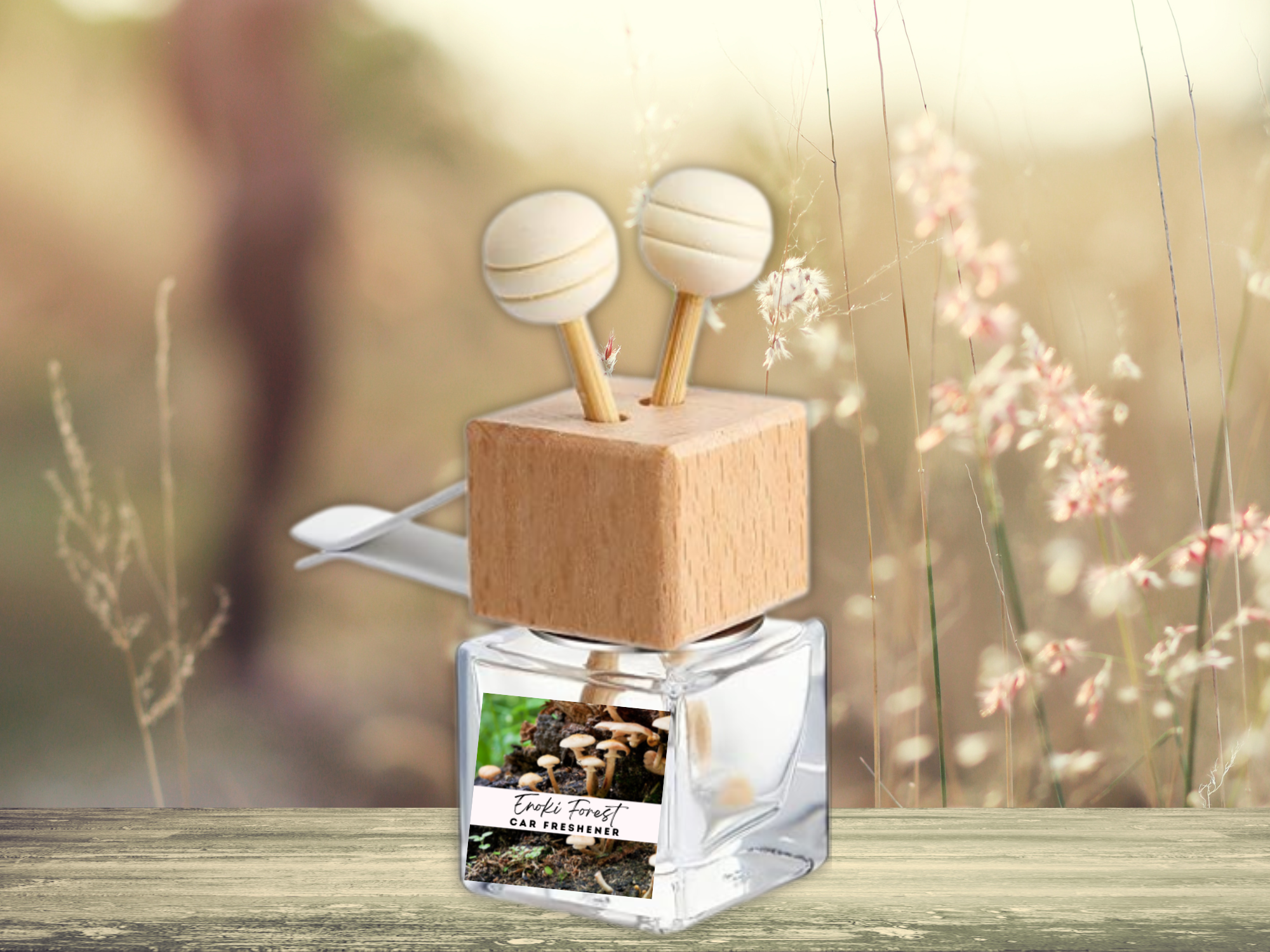 Bold masculine car vent diffuser glass bottle with wooden cap, vent clip, and fragrance diffuser sticks — view 3