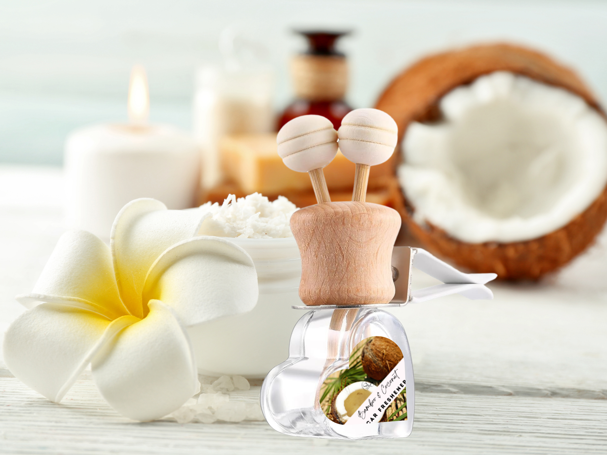 Tropical vent car diffuser glass bottle with wooden cap and sticks in a gift box — view 4