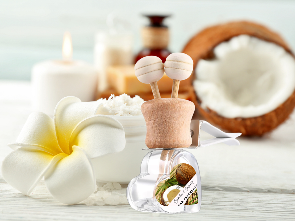Clean and fresh minimalist vent car diffuser bottle with wooden cap and gift box — view 2
