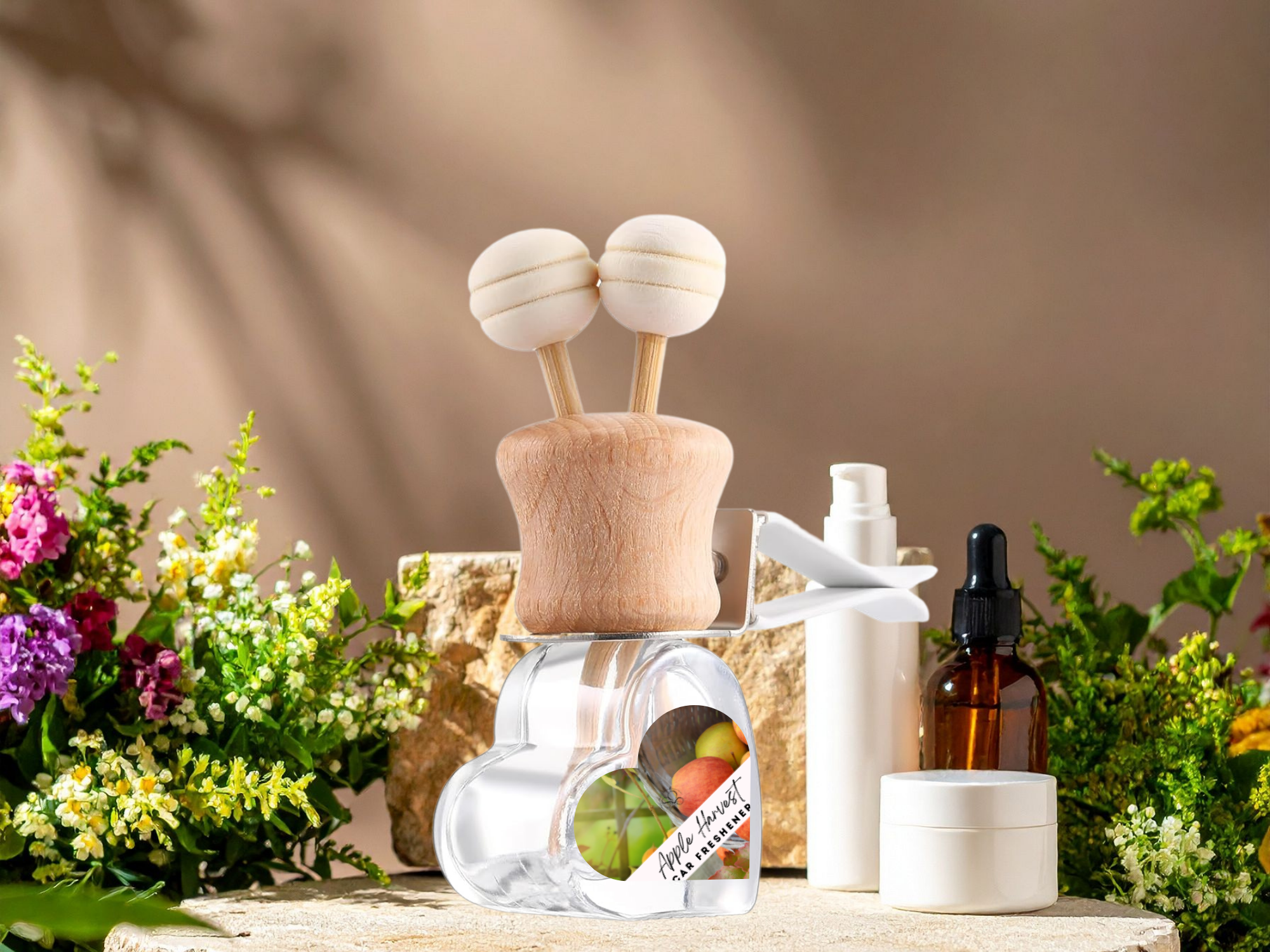 Glass car vent diffuser with wooden cap and scent sticks, filled with fruity fragrance oil