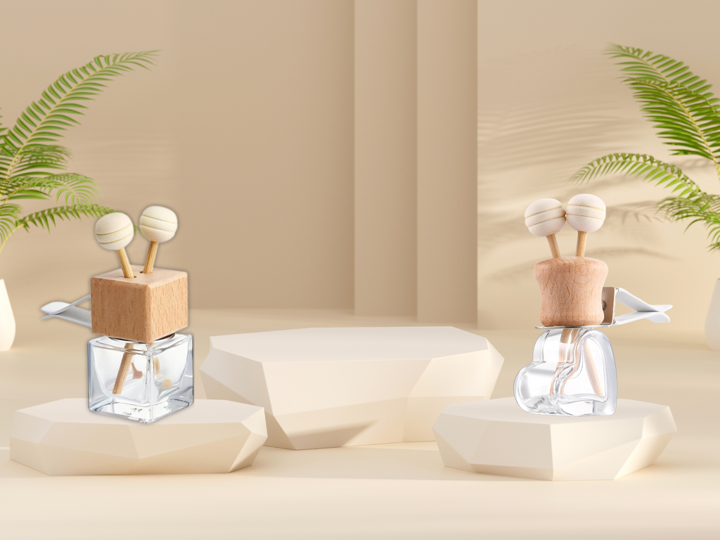 Glass car vent diffuser with wooden cap and scent sticks, filled with fruity fragrance oil — view 4