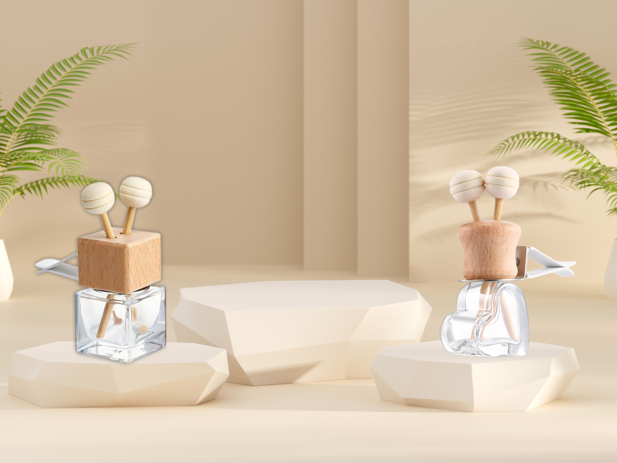 Glass car vent diffuser with wooden cap and scent sticks, filled with fruity fragrance oil — view 4