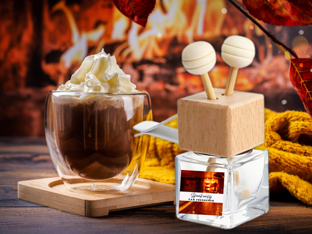 Bold masculine car vent diffuser glass bottle with wooden cap, vent clip, and fragrance diffuser sticks — view 2