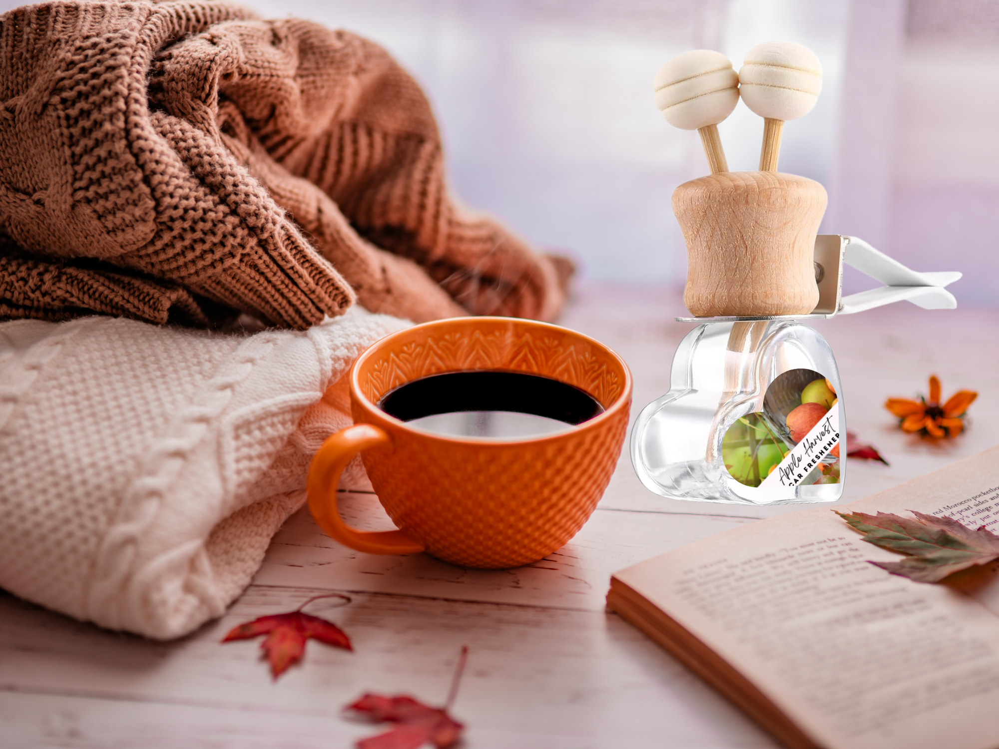 Warm and cozy car vent diffuser in compact glass bottle with wooden cap and fragrance sticks — view 5