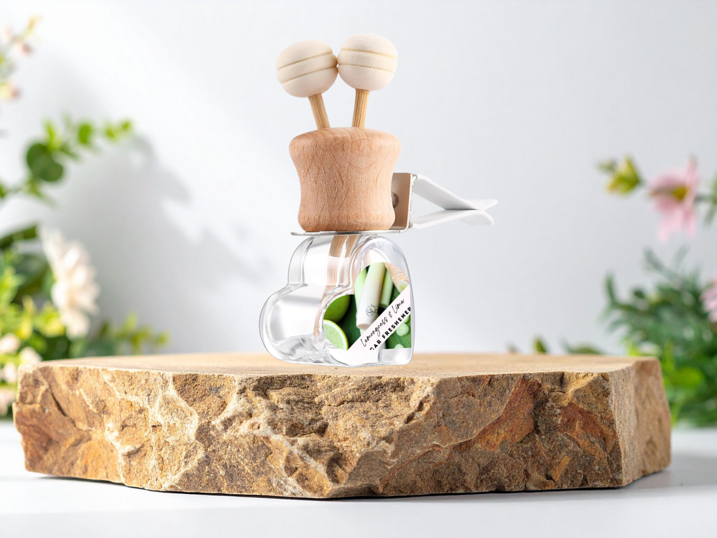 Aromatherapy vent car diffuser bottle with wooden cap, clip, and diffuser sticks in gift box