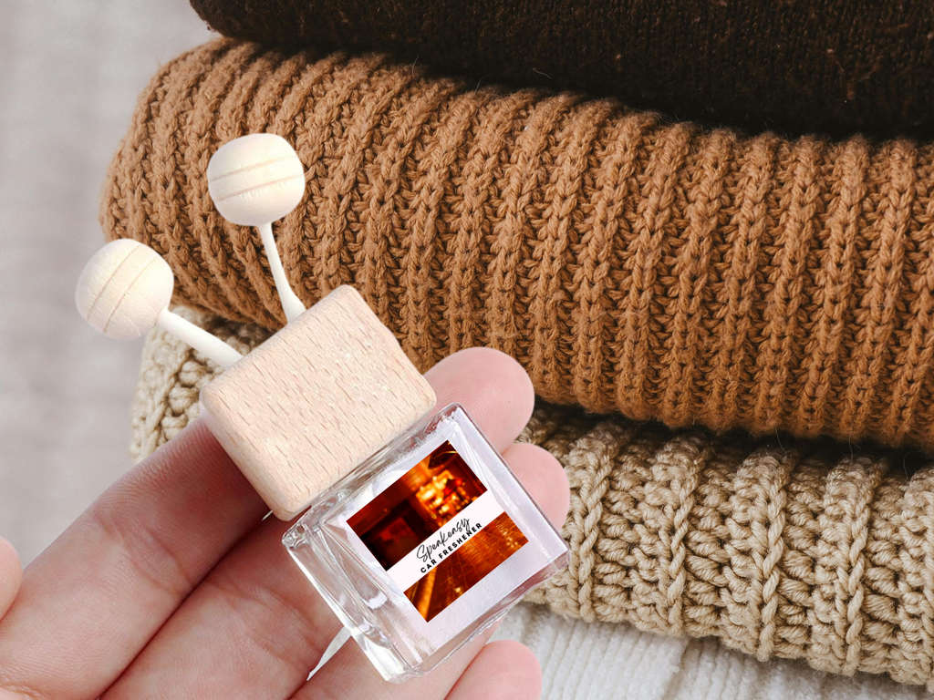 Bold masculine car vent diffuser glass bottle with wooden cap, vent clip, and fragrance diffuser sticks — view 4