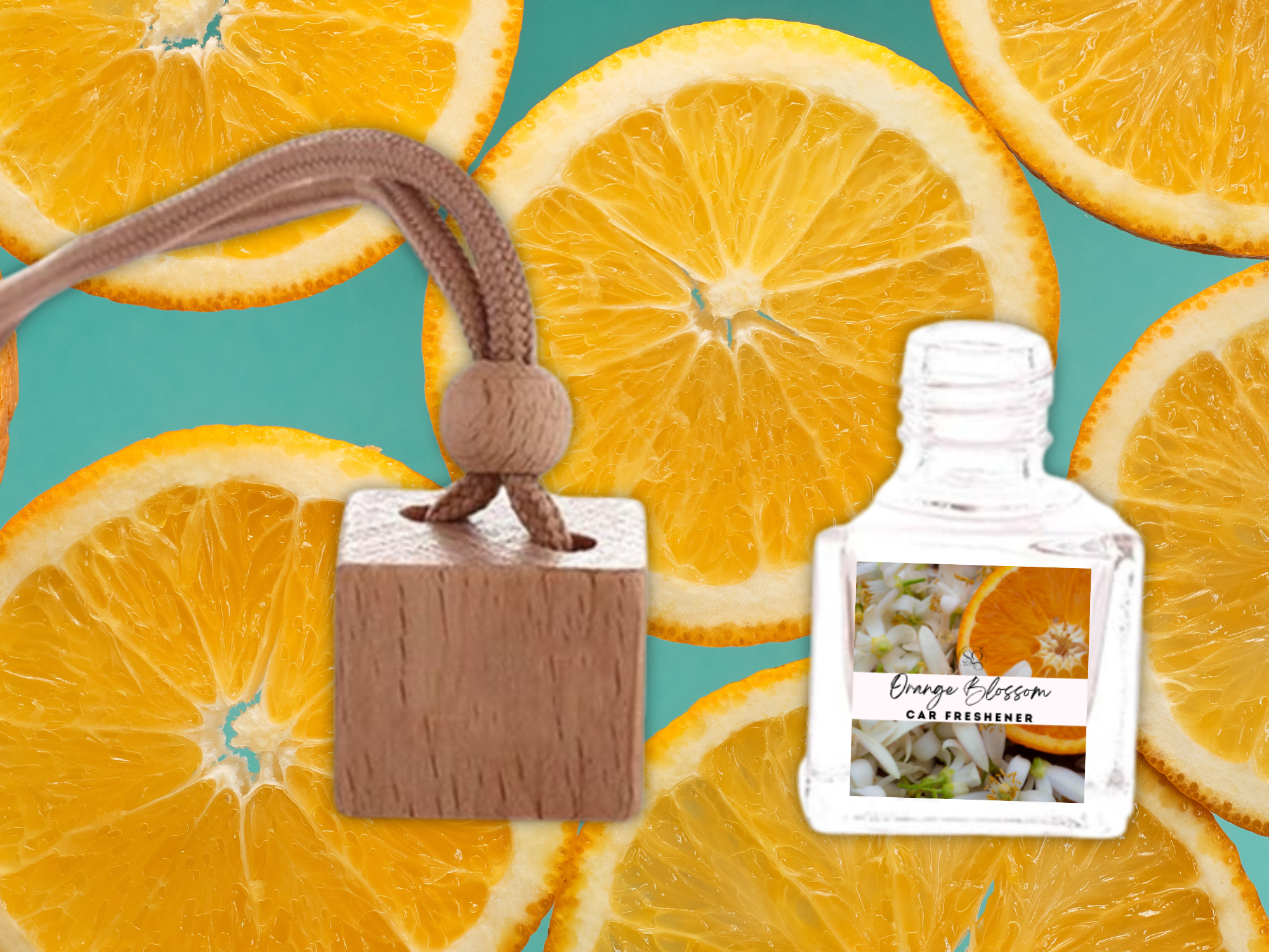 Glass hanging car freshener bottle with natural wooden cap and rope filled with floral scented oil — view 2