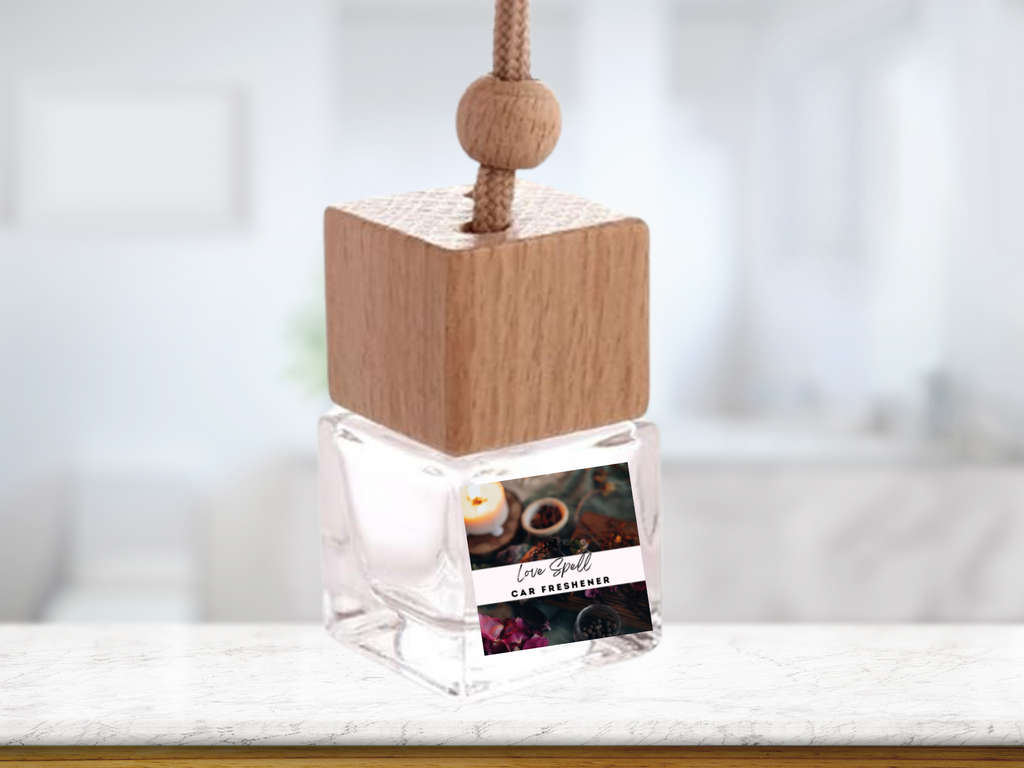 Fruity hanging car freshener in glass bottle with wooden cap and hanging rope, tropical scent. — view 5