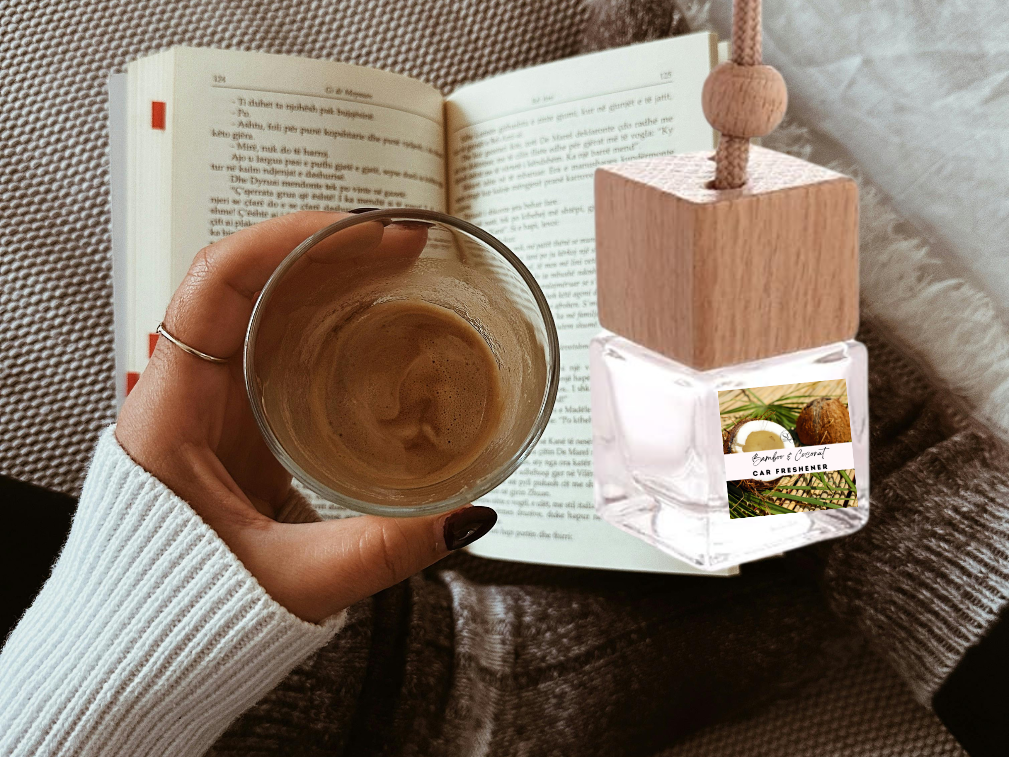 Hanging glass car freshener with wooden cap and aromatherapy oil blend for rearview mirrors