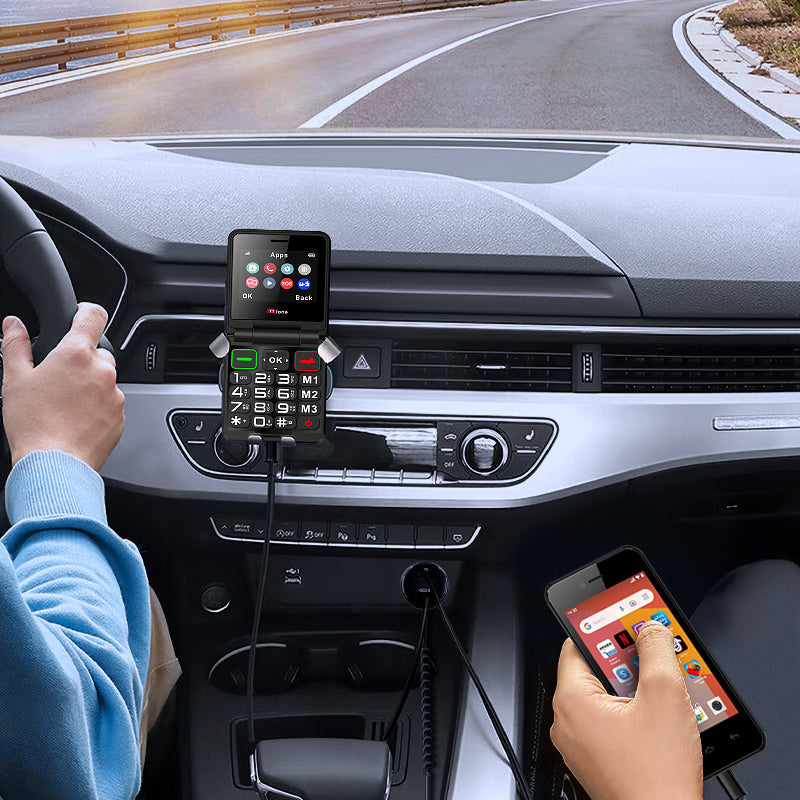Black 12V car charger with attached Type-C and Micro USB dual connector charging cables. — view 3
