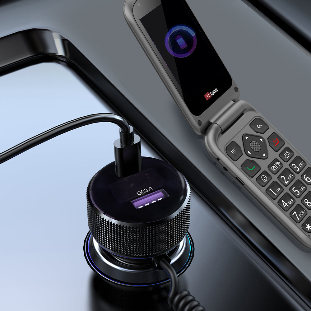 Black 12V car charger with attached Type-C and Micro USB dual connector charging cables. — view 2