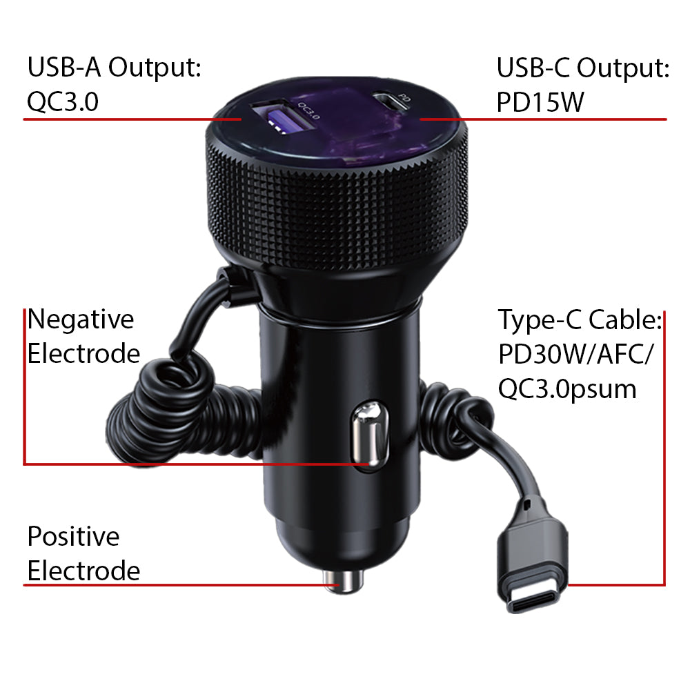 Black 12V in-car charger with attached Type-C cable for charging mobile phones — view 5