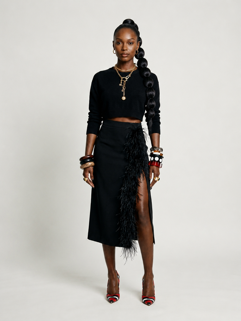 Daring Feather Slit Midi Skirt-3