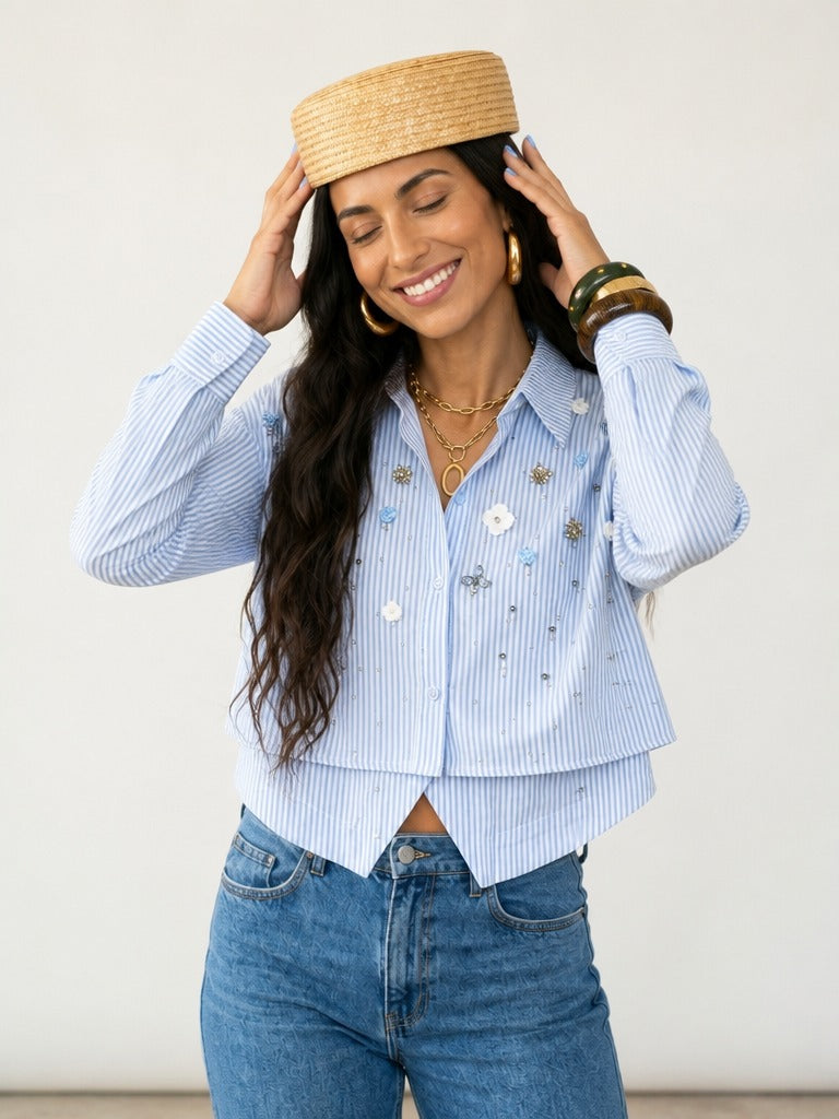 Radiant Striped Rhinestone Blouse-0