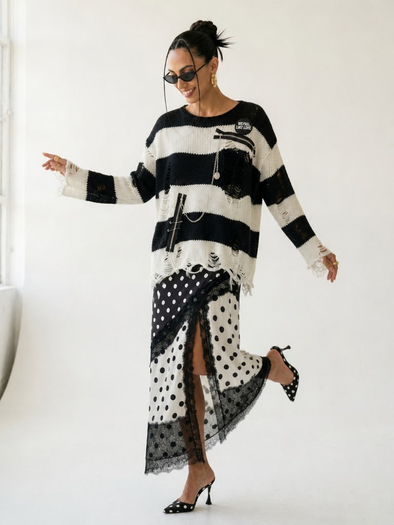 Audacious Ripped Striped Knit Pullover-1