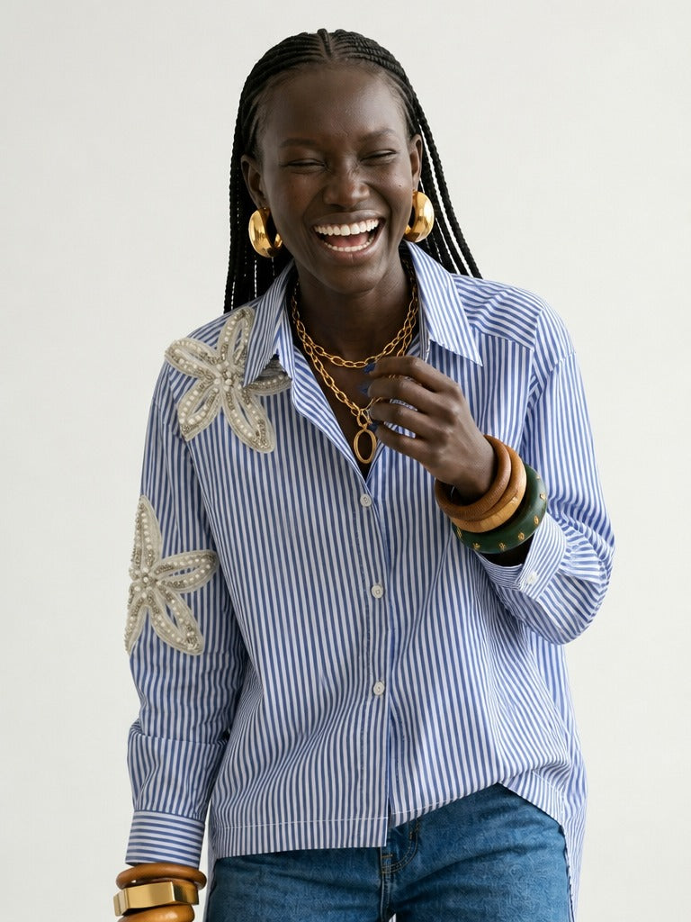 Divine Striped Beaded Floral Blouse-0