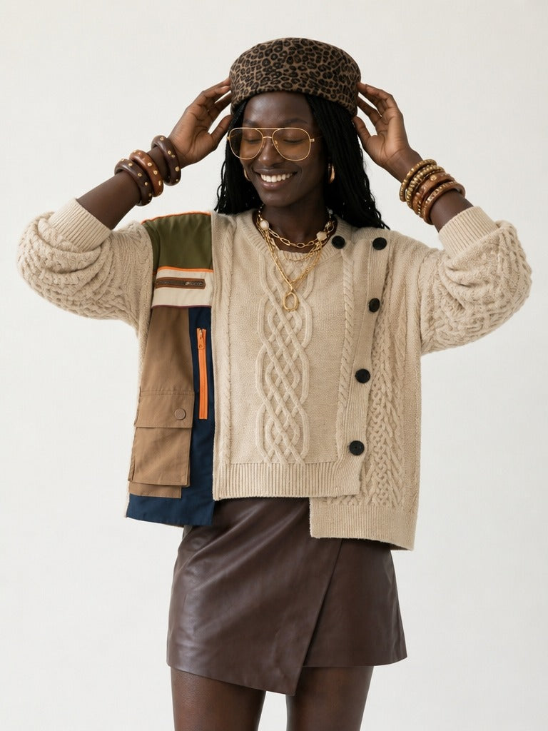 Unique Patchwork Knit Pullover-0