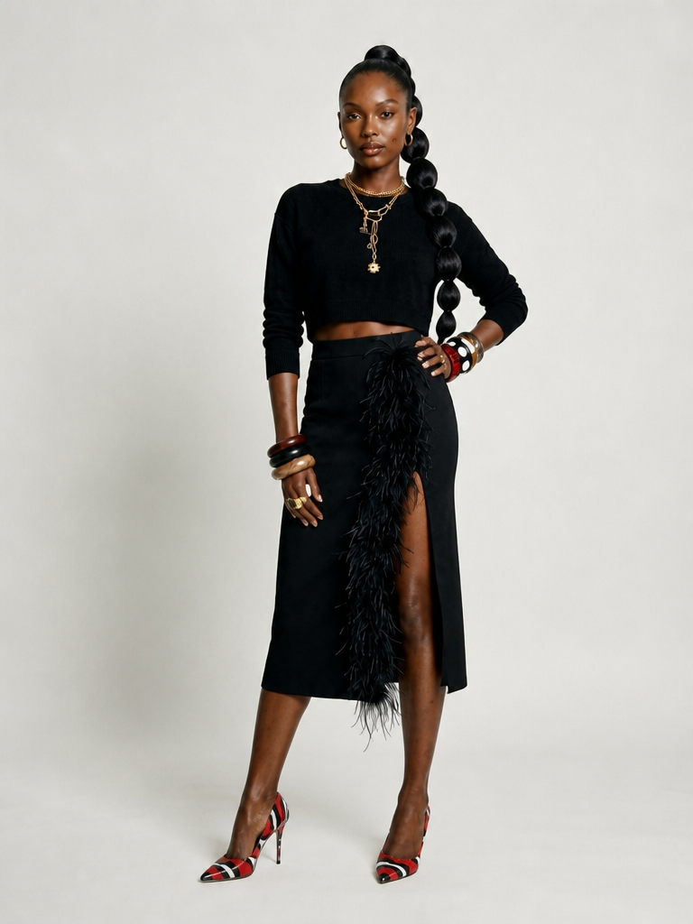 Daring Feather Slit Midi Skirt-4