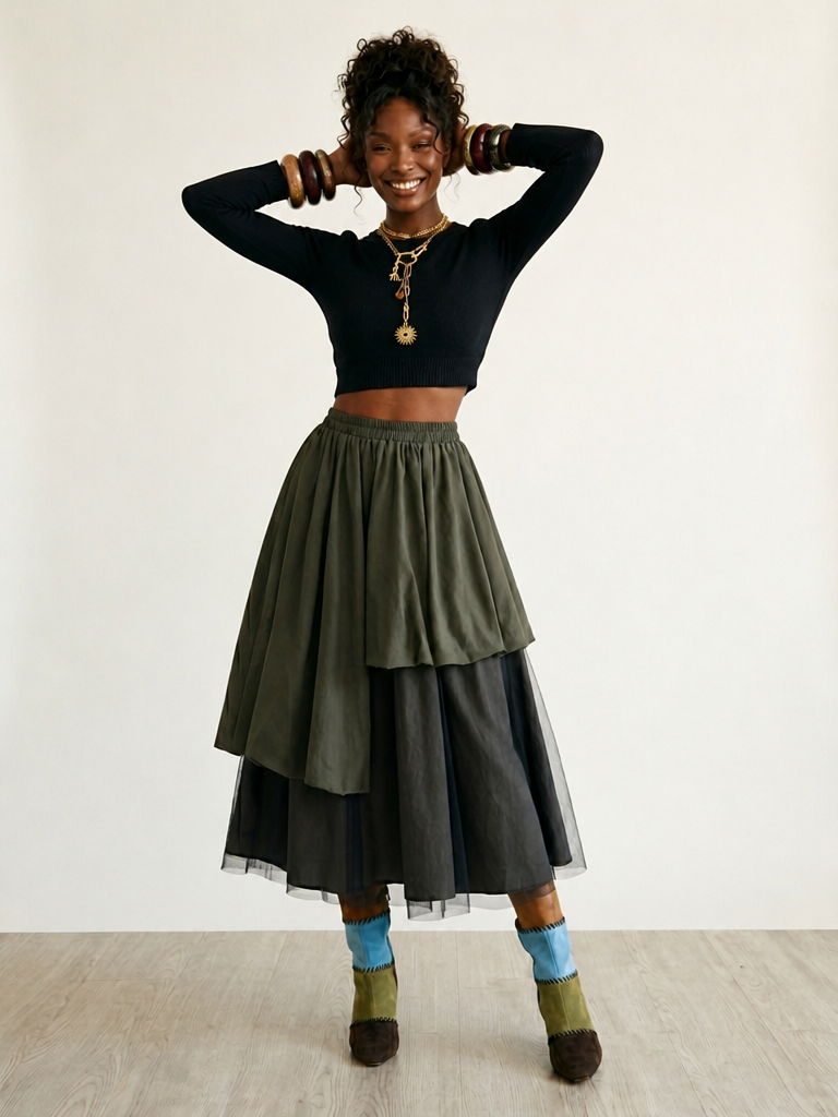 Boundless Mesh Layered Midi Skirt-0