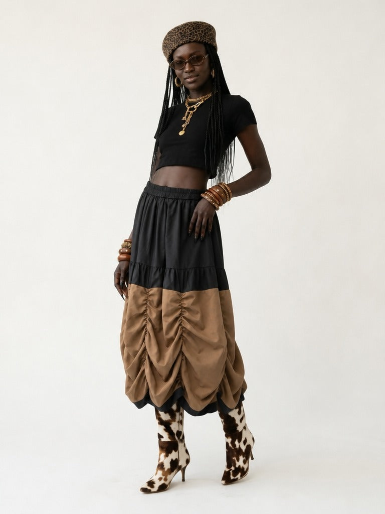 Grounded Ruched Two-Tone Midi Skirt-2