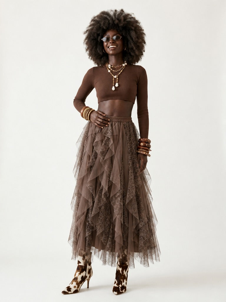 Ethereal Mesh Ruffled Midi Skirt-1
