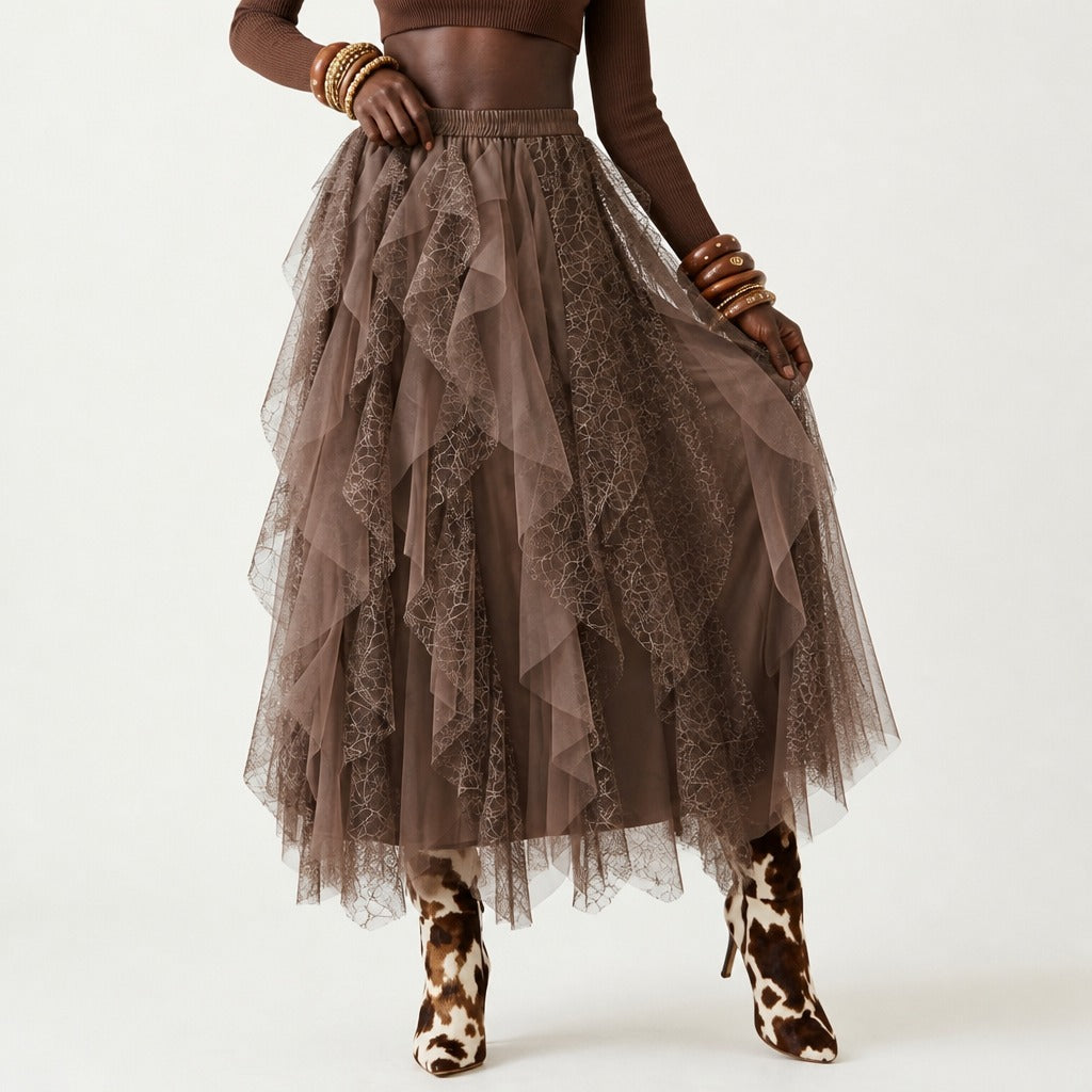 Ethereal Mesh Ruffled Midi Skirt-0