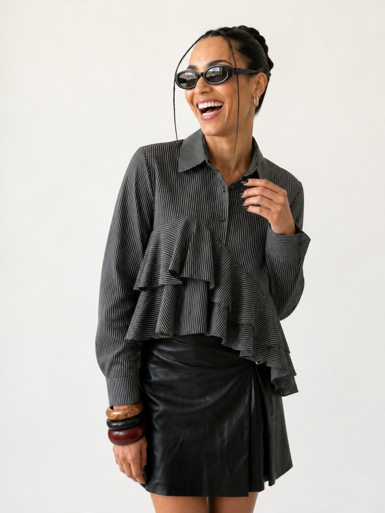 Daring Ruffled Striped Blouse-0