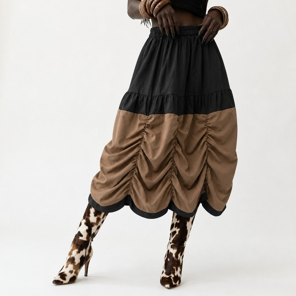 Grounded Ruched Two-Tone Midi Skirt-0