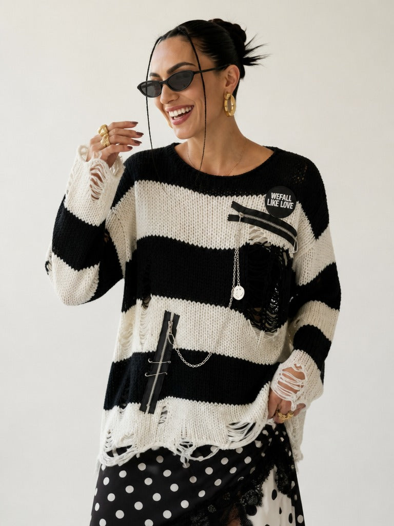Audacious Ripped Striped Knit Pullover-0