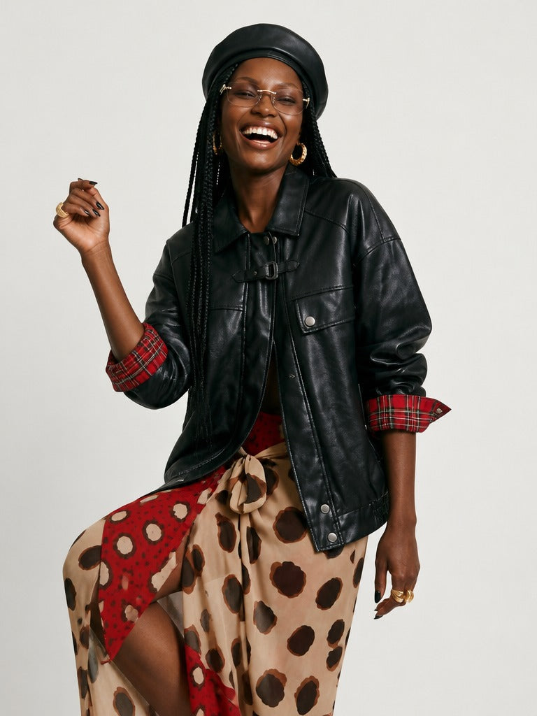 Audacious Plaid Faux Leather Jacket-1