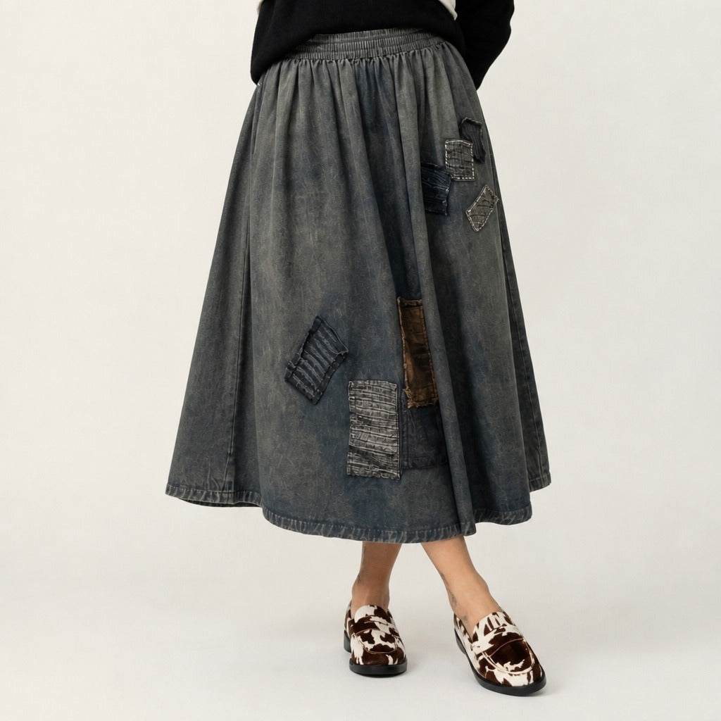 Unique Patchwork Denim Maxi Skirt-1
