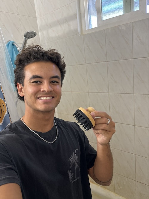 Handcrafted Wabi Sabi scalp scrubber massager with unique fire branded details for wet or dry use — view 5
