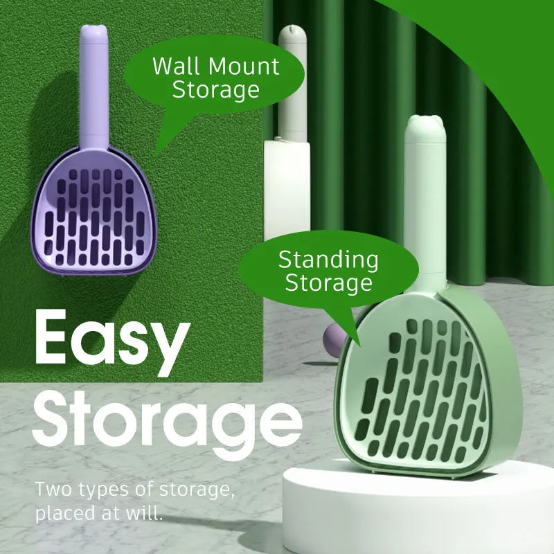 Plastic cat litter scoop with storage base and built-in garbage bag dispenser in white — view 4