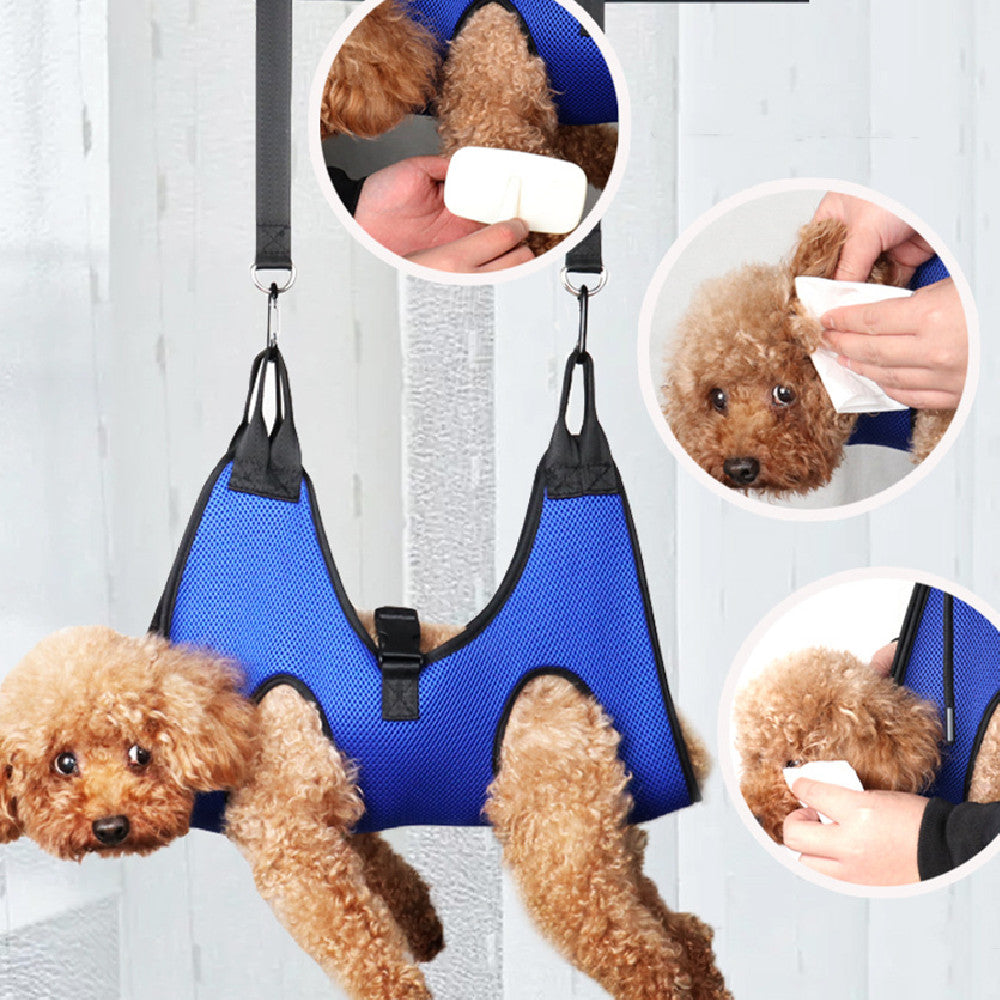 Breathable sandwich mesh cat and dog grooming hammock with hanging straps and carabiners for nail trimming