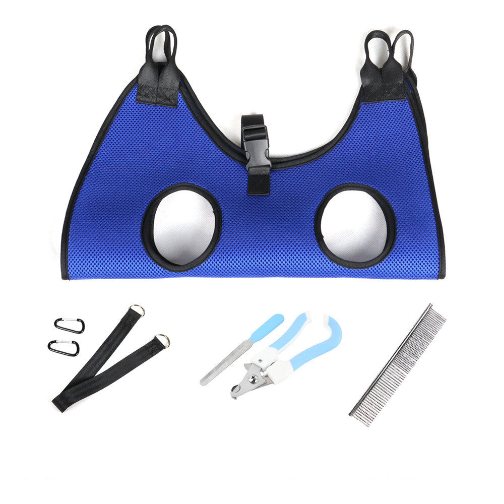 Breathable sandwich mesh cat and dog grooming hammock with hanging straps and carabiners for nail trimming — view 3