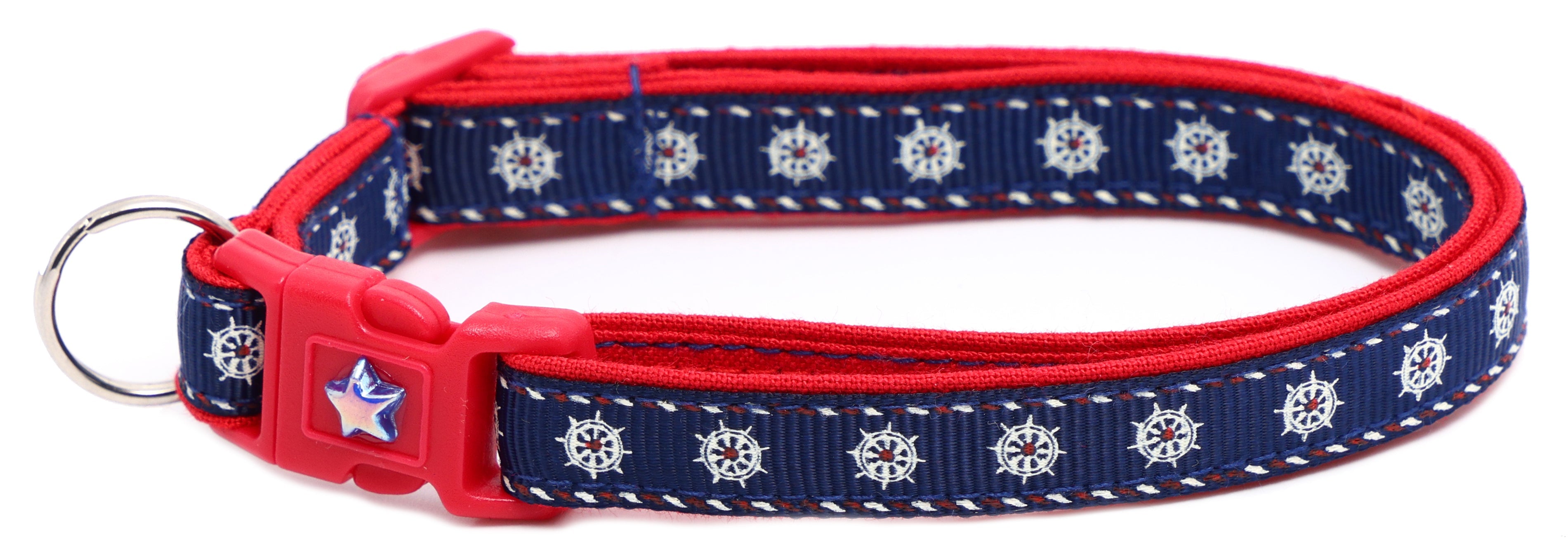 Ships wheels breakaway cat collar in red and navy cotton with a jingle bell — view 4