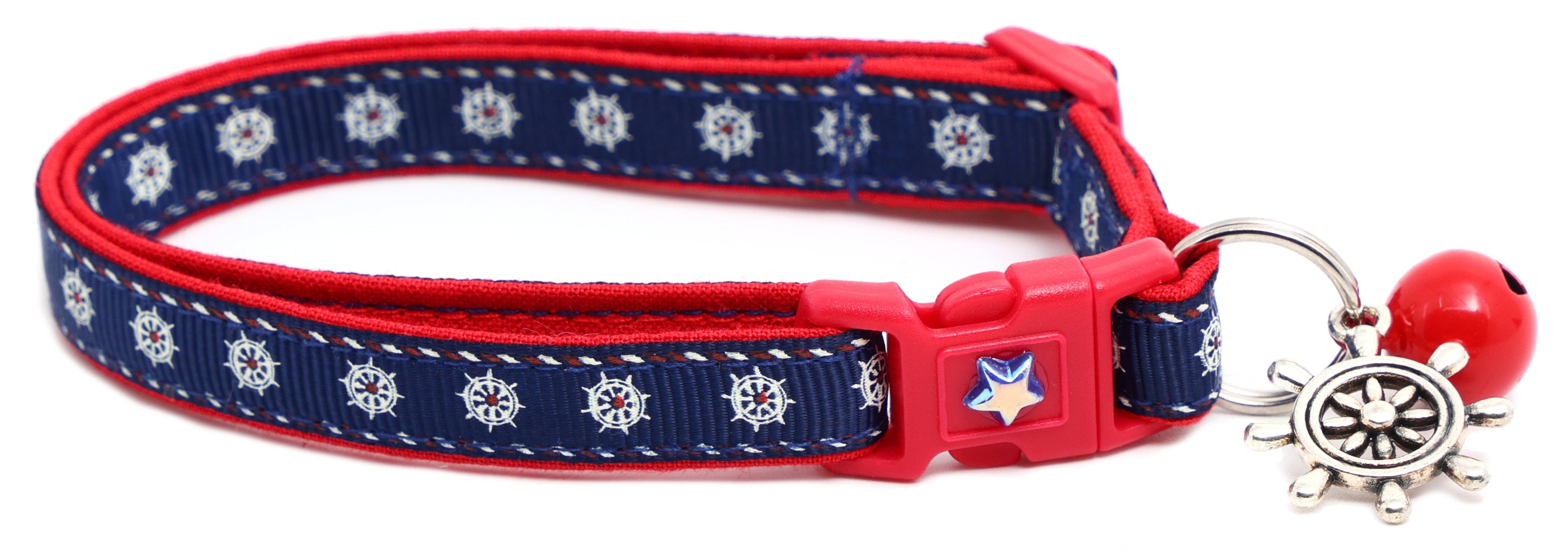 Ships wheels breakaway cat collar in red and navy cotton with a jingle bell — view 5