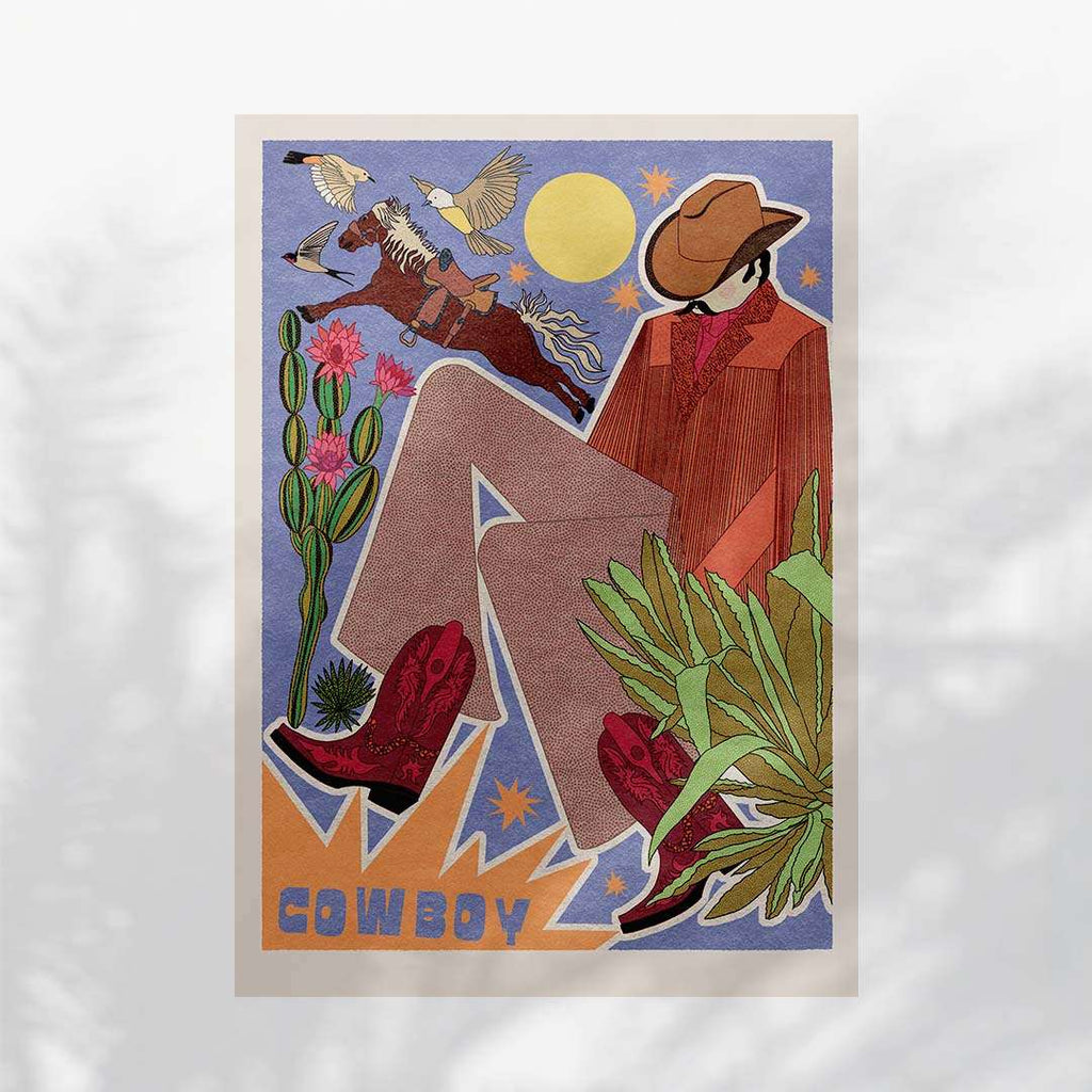 Retro Cowboy Art Print featuring a rugged cowboy, desert plants, and a classic horse — view 5