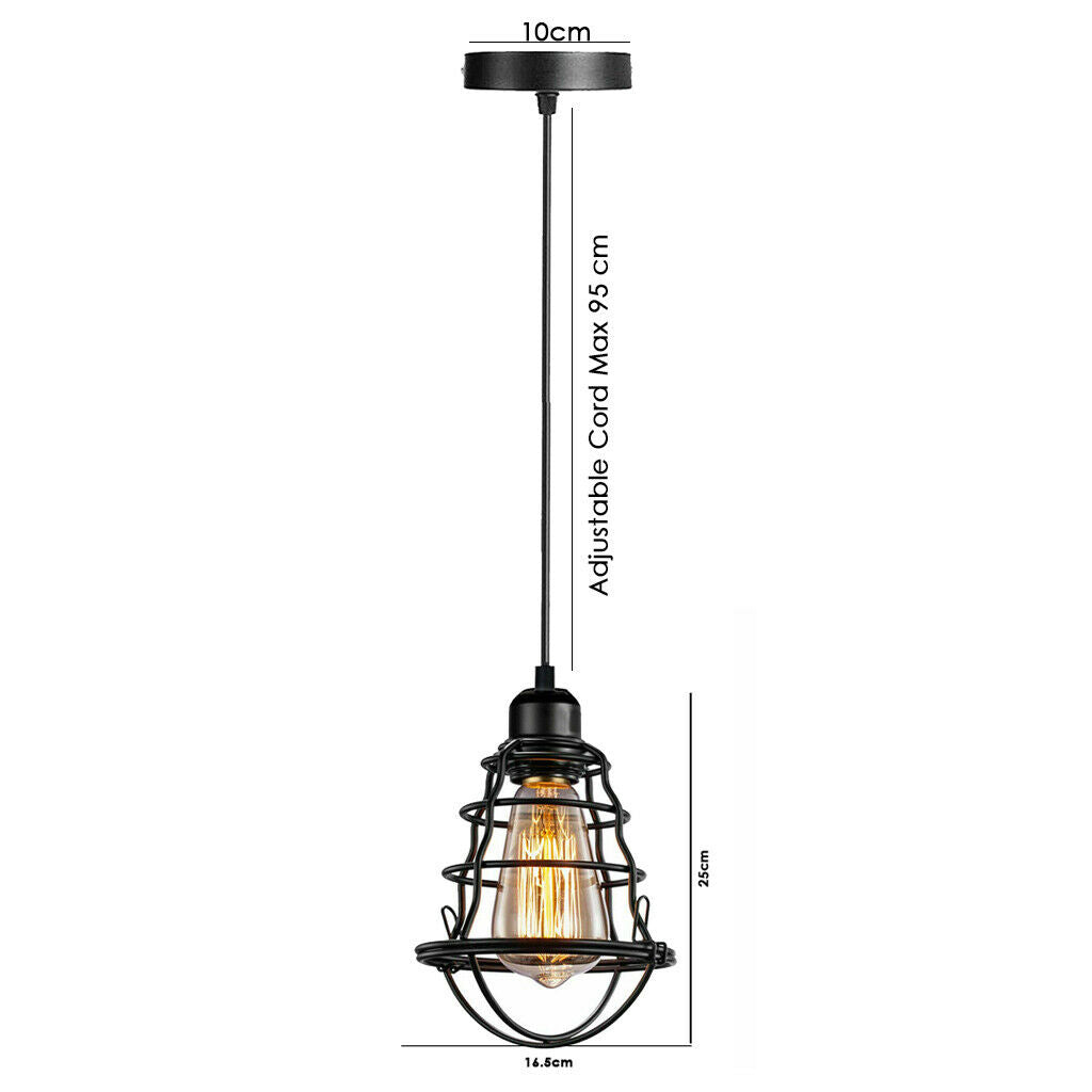 Industrial style metal birdcage pendant light hanging fixture with vintage Edison bulb and black cable — view 2