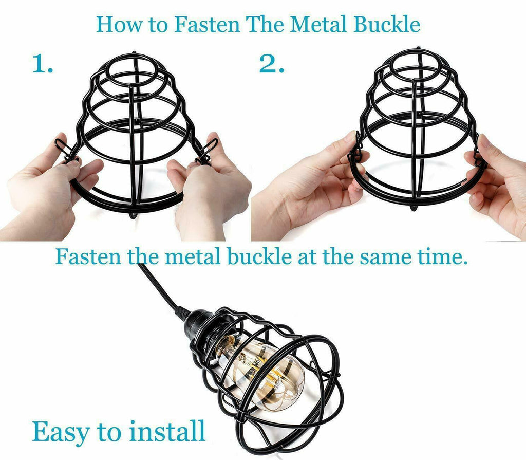 Industrial style metal birdcage pendant light hanging fixture with vintage Edison bulb and black cable — view 3