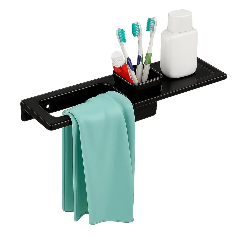 Glossy black ceramic towel ring and brush holder, wall-mounted modern bathroom accessory